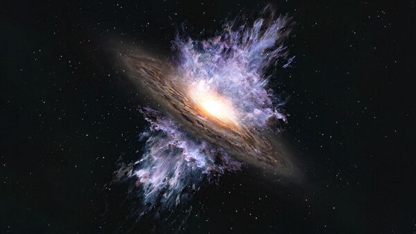Impressão artística de um vento galáctico impulsionado por um buraco negro supermassivo localizado no centro de uma galáxia. A intensa energia que emana do buraco negro cria um fluxo de gás em escala galáctica que expele a matéria interestelar que é o material para a formação de estrelas - Sputnik Brasil
