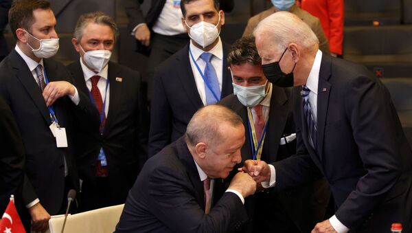 Presidente da Turquia, Recep Tayyip Erdogan, cumprimenta o presidente dos EUA, Joe Biden, na sessão plenária da cúpula da OTAN em Bruxelas, 14 de junho de 2021 - Sputnik Brasil