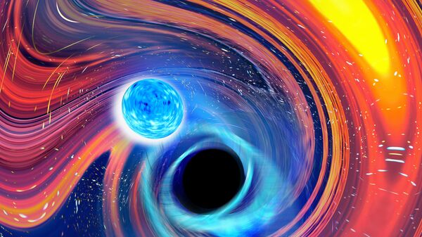 Uma imagem artística inspirada em um evento de fusão de estrela de nêutrons em buraco negro - Sputnik Brasil
