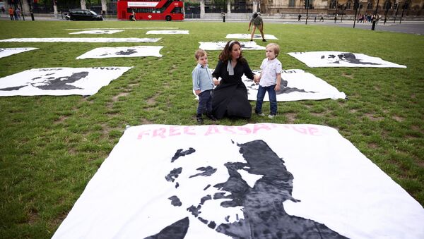 Stella Morris, sócia de Julian Assange, fundador do WikiLeaks, junta-se a protesto com seus filhos para marcar o 50º aniversário de Assange na Praça do Parlamento em Londres, Reino Unido, 3 de julho de 2021 - Sputnik Brasil