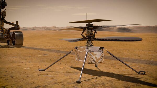 Helicóptero Mars Ingenuity da NASA na superfície de Marte, perto do rover Perseverance, à esquerda - Sputnik Brasil