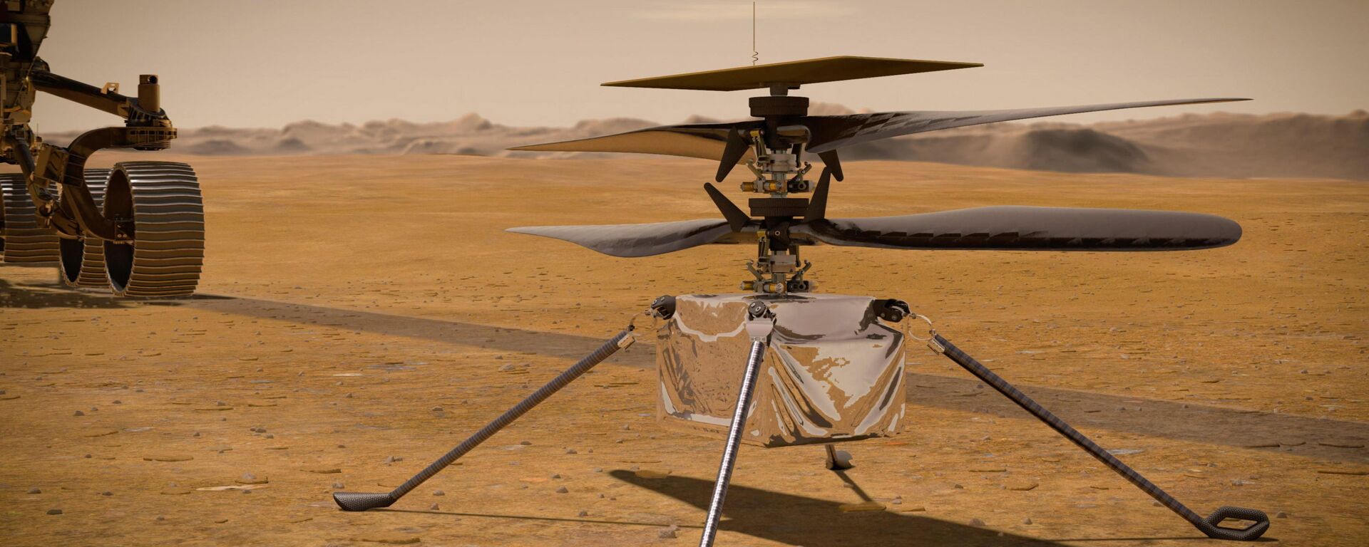 Helicóptero Mars Ingenuity da NASA na superfície de Marte, perto do rover Perseverance, à esquerda - Sputnik Brasil, 1920, 16.12.2021