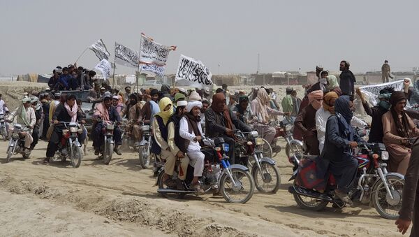Apoiadores do Talibã carregam andeiras brancas do grupo na cidade de Chaman, fronteira entre o Afeganistão e o Paquistão, 14 de julho de 2021 - Sputnik Brasil