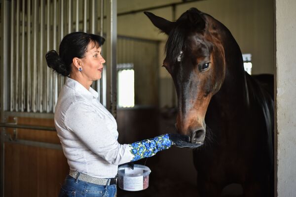 Cavaleira Inessa Merkulova da Rússia, de 56 anos, treina com seu cavalo antes dos Jogos Olímpicos do Rio de Janeiro 2016 - Sputnik Brasil