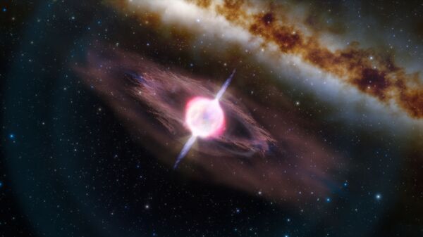 Representação artística de uma supernova em colapso gerando emissão curta de raios gama - Sputnik Brasil