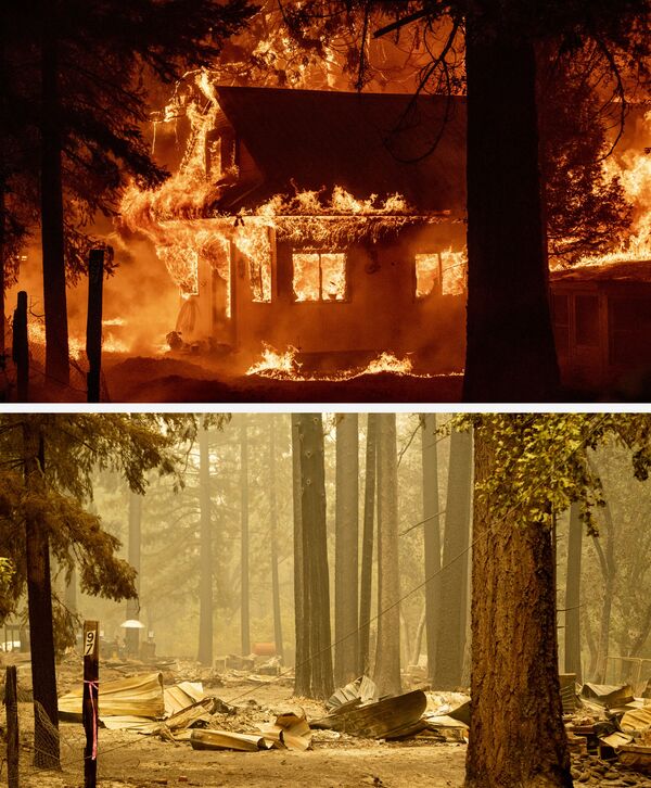 Combinação de fotos mostra uma casa em chamas em 24 de julho e seus restos em 26 de julho de 2021 durante o desastroso fogo Dixie, na região de Indian Falls, Califórnia, EUA - Sputnik Brasil