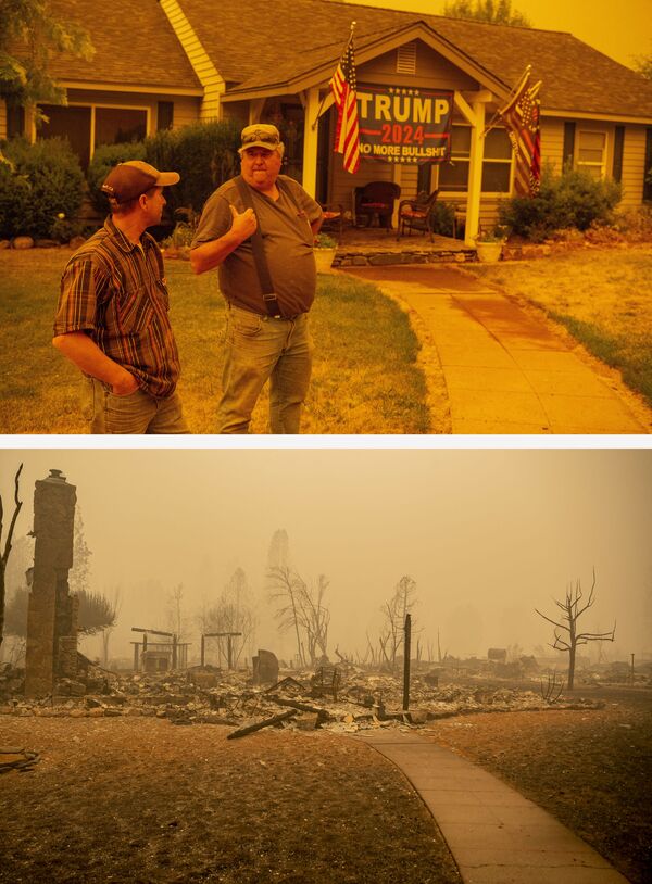 Casa de Jerry Whipple (na foto acima) antes e após o fogo, em 23 de julho e em 7 de agosto de 2021, em Greenville, Califórnia, EUA - Sputnik Brasil