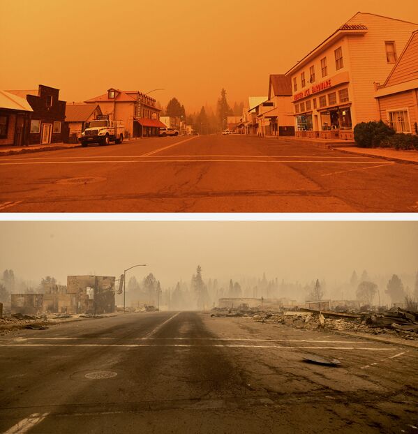 Centro da cidade de Greenville na Califórnia antes e após o fogo florestal Dixie, em 23 de julho e 4 de agosto de 2021 - Sputnik Brasil
