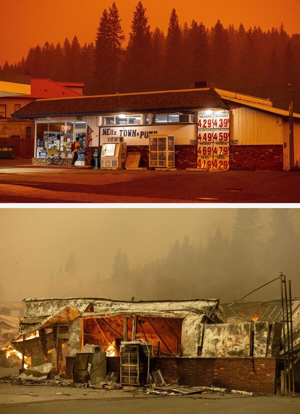 Foto mostra supermercado em posto de gasolina antes e após o incêndio florestal Dixie, em 23 de julho e 4 de agosto de 2021, na cidade de Greenville, Califórnia, EUA - Sputnik Brasil