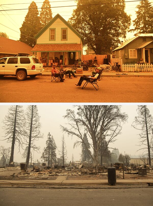 Foto acima mostra residentes ignorando a ordem de evacuação devido ao incêndio Dixie na frente de sua casa, 23 de julho, em Greenville, Califórnia, EUA. Foto abaixo mostra a casa destruída pelo fogo florestal em 7 de agosto de 2021 - Sputnik Brasil