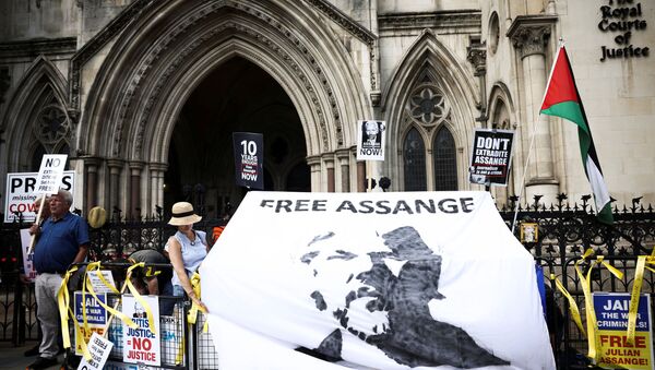 Apoiadores de Julian Assange, fundador do WikiLeaks, reunidos no exterior da corte, durante o recurso do governo dos EUA contra uma decisão da Justiça britânica de que Assange não deveria ser extraditado, Londres, Reino Unido, em 11 de agosto de 2021 - Sputnik Brasil