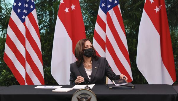 A vice-presidente dos Estados Unidos, Kamala Harris, participa de uma mesa redonda em Gardens by the Bay, em Cingapura, antes de partir para o Vietnã na segunda etapa de sua viagem ao sudeste da Ásia, 24 de agosto de 2021 - Sputnik Brasil