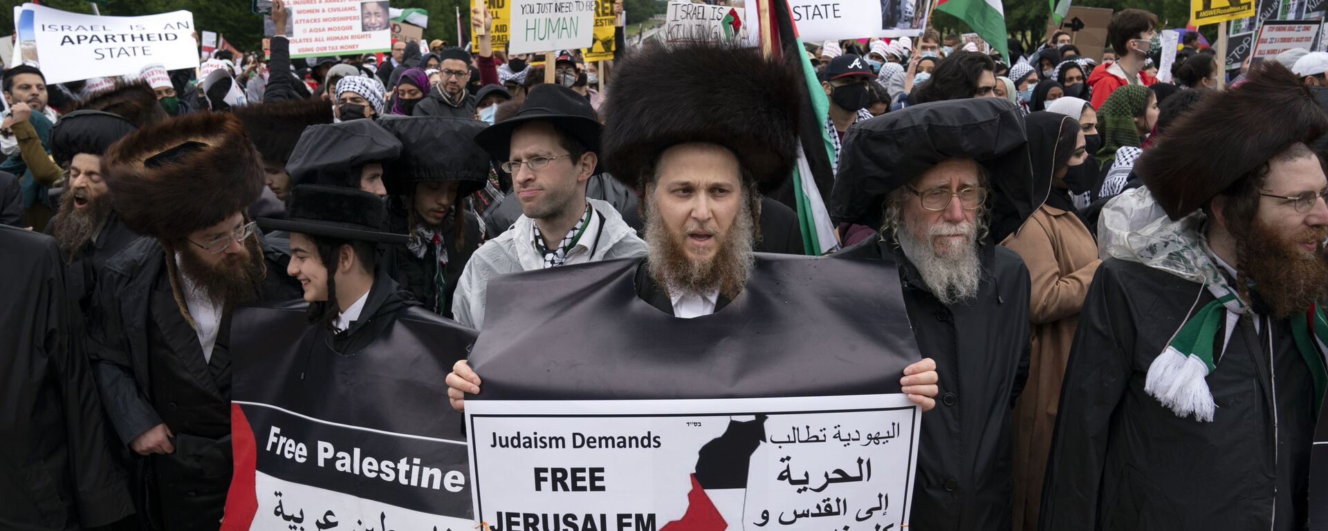 Membros de uma comunidade judaica juntam-se a apoiadores dos palestinos durante a manifestação da Marcha Nacional pela Palestina no Lincoln Memorial, em Washington, 29 de maio de 2021 - Sputnik Brasil, 1920, 31.08.2021