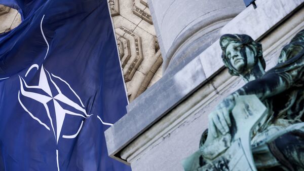 A NATO flag is pictured next to a statue on June 13, 2021 at Parc du Cinquantenaire in Brussels. - The 2021 Nato Summit will start on 14 june 2021 in Brussels. - Sputnik Brasil