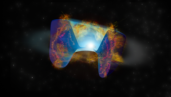 Detritos em movimento rápido de uma explosão de supernova desencadeada por uma colisão estelar com material previamente jogado para fora. Os choques causam emissão de rádio brilhante vista pelo complexo de radiotelescópios Very Large Array (VLA) - Sputnik Brasil