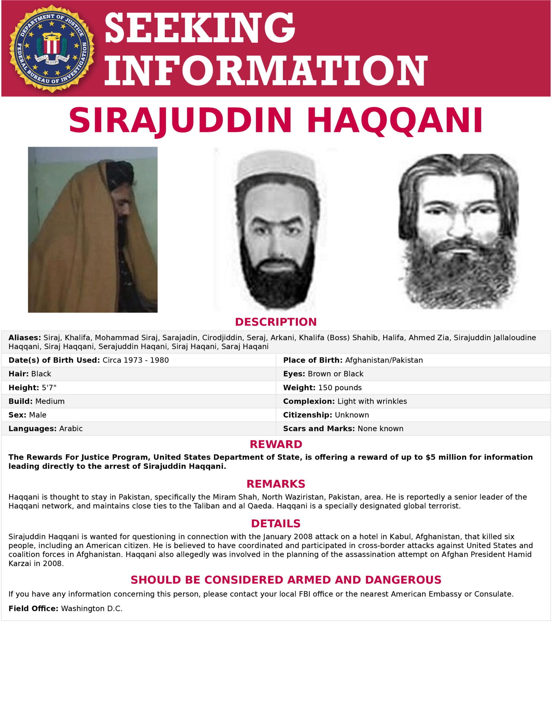 Cartaz Buscando Informações emitido pelo FBI americano para Sirajuddin Haqqani, nomeado como novo ministro do Interior do Afeganistão - Sputnik Brasil, 1920, 09.11.2021