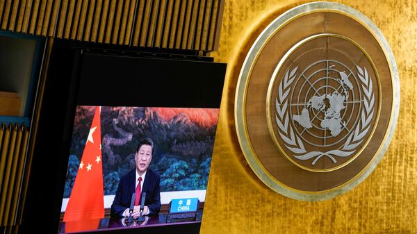 Presidente chinês, Xi Jinping, discursa por vídeoconferência durante a 76ª sessão da Assembleia Geral da ONU, Nova York, 21 de setembro de 2021 - Sputnik Brasil