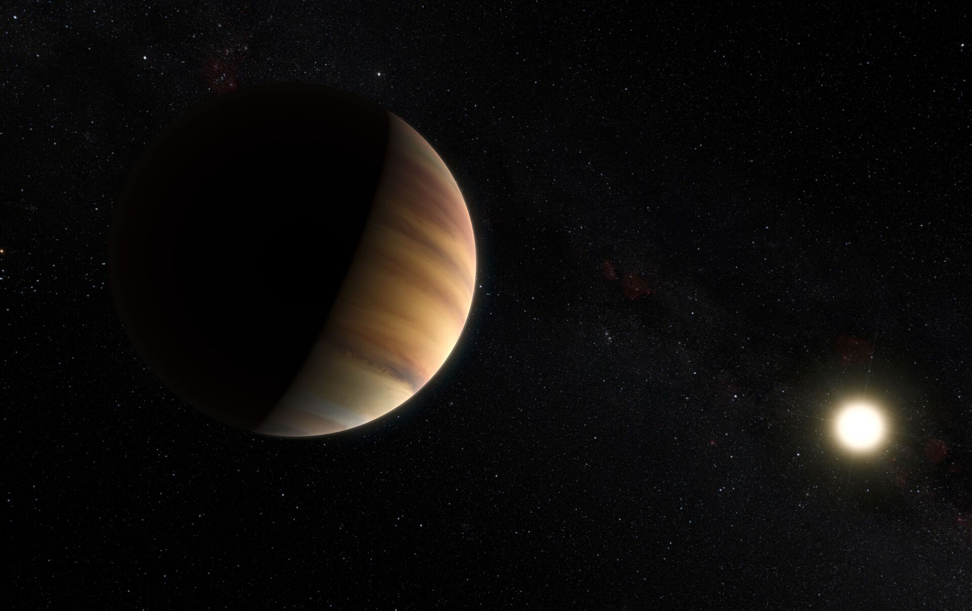 Exoplaneta 51 Pegasi b na representação de um artista. Foi o primeiro exoplaneta a ser encontrado orbitando em torno de uma estrela normal, em 1995. Depois de 20 anos, esse objeto também foi o primeiro exoplaneta detectado diretamente por espectroscopia em luz visível - Sputnik Brasil, 1920, 10.11.2021