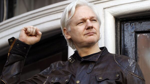 Julian Assange cumprimenta seus apoiadores fora da embaixada do Equador em Londres, Reino Unido, 19 de maio de 2017 - Sputnik Brasil