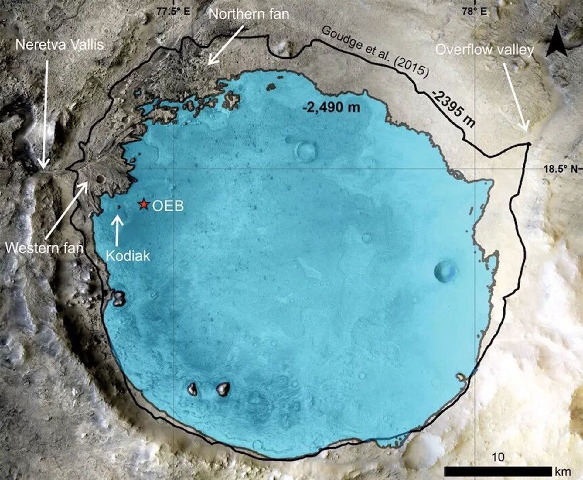 Suposto nível de água do lago dentro da cratera marciana Jezero durante a formação da colina sedimentar Kadiak - Sputnik Brasil, 1920, 09.11.2021