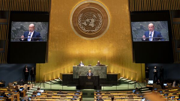 Naftali Bennett, primeiro-ministro de Israel, discursa na 76ª Sessão da Assembleia Geral das Nações Unidas em Nova York, EUA, 27 de setembro de 2021 - Sputnik Brasil