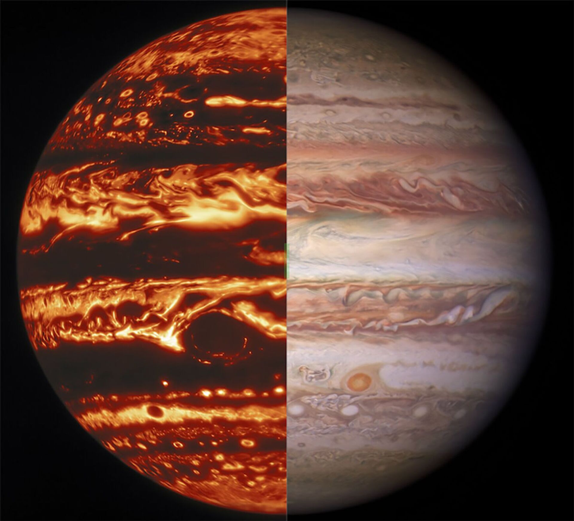 Júpiter (da esquerda para a direita) em luz infravermelha e visível, em fotos obtidas pelos telescópios Gemini North e Hubble - Sputnik Brasil, 1920, 09.11.2021