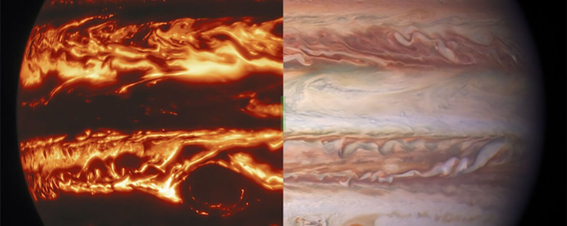 Júpiter (da esquerda para a direita) em luz infravermelha e visível, em fotos obtidas pelos telescópios Gemini North e Hubble - Sputnik Brasil, 1920, 24.06.2022