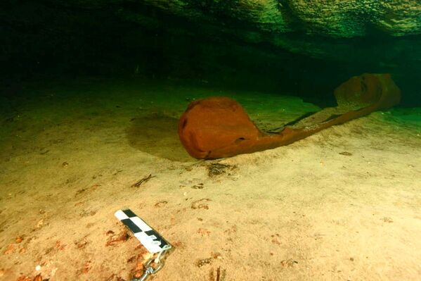 Canoa de madeira, usada pelos maias antigos, com idade estimada de mais de 1.000 anos, em uma cavidade com águas subterrâneas, estado de Iucatã, México, foto divulgada em 29 de outubro. - Sputnik Brasil