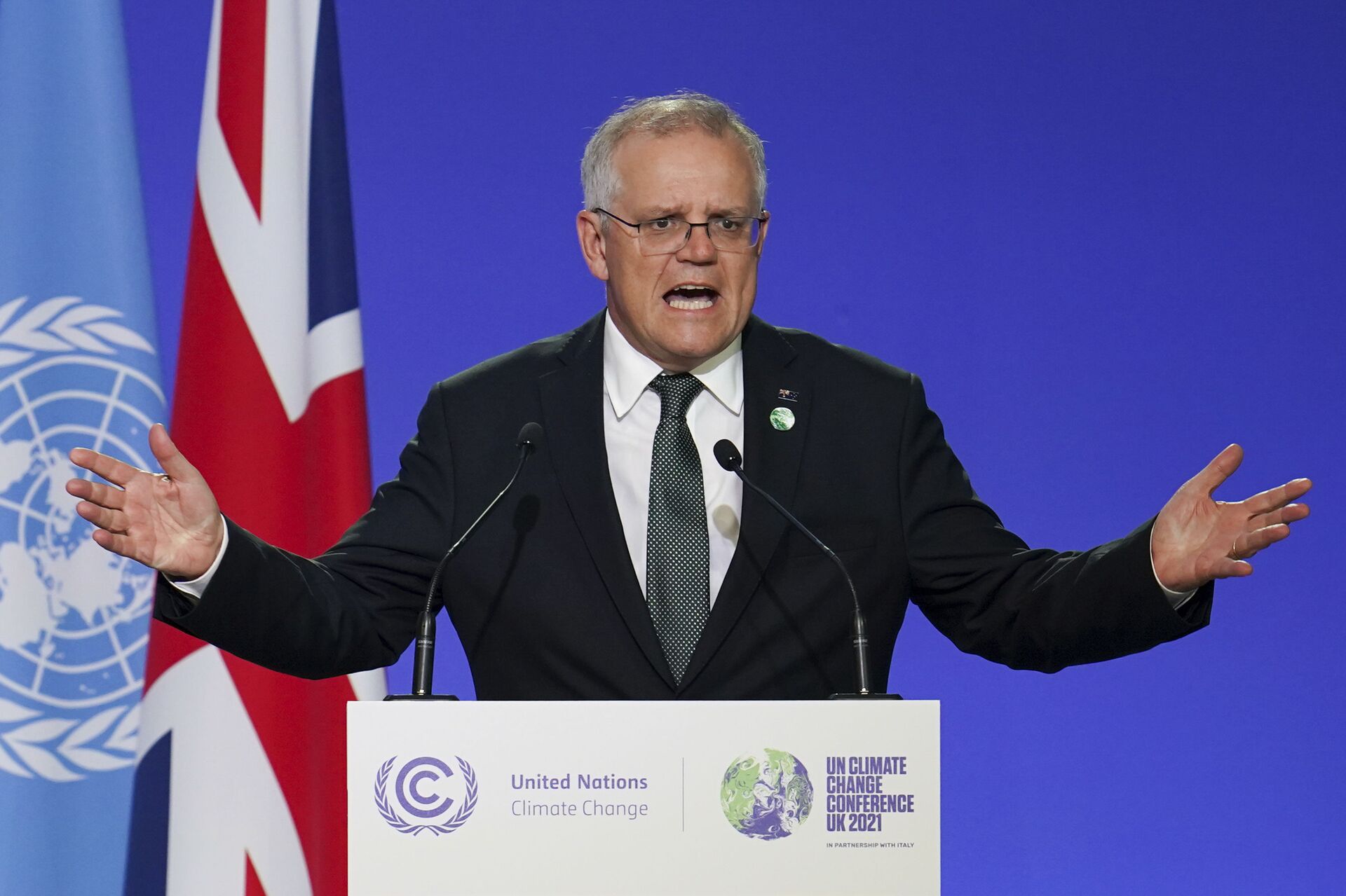 Primeiro-ministro da Austrália, Scott Morrison, durante seu discurso na COP26 em Glasgow, Escócia, 1º de novembro de 2021 - Sputnik Brasil, 1920, 09.11.2021