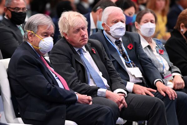 Secretário-geral da ONU, António Guterres, primeiro-ministro britânico Boris Johnson e Sir David Attenborough participam da cerimônia de abertura da COP26 em Glasgow, Escócia, Reino Unido, 1º de novembro de 2021. - Sputnik Brasil