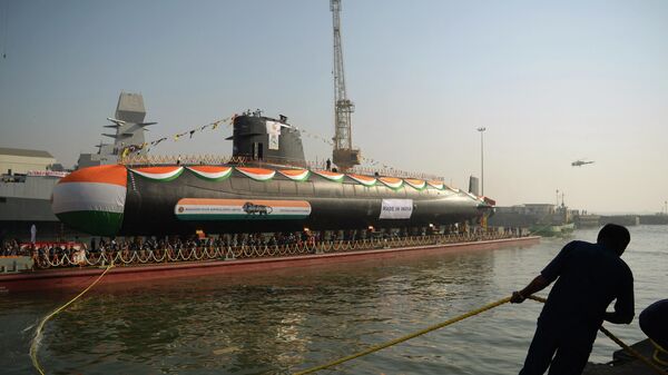 Terceiro submarino de classe Scorpene da Índia durante cerimônia de lançamento no estaleiro da Mazagon Dock Shipyard - Sputnik Brasil