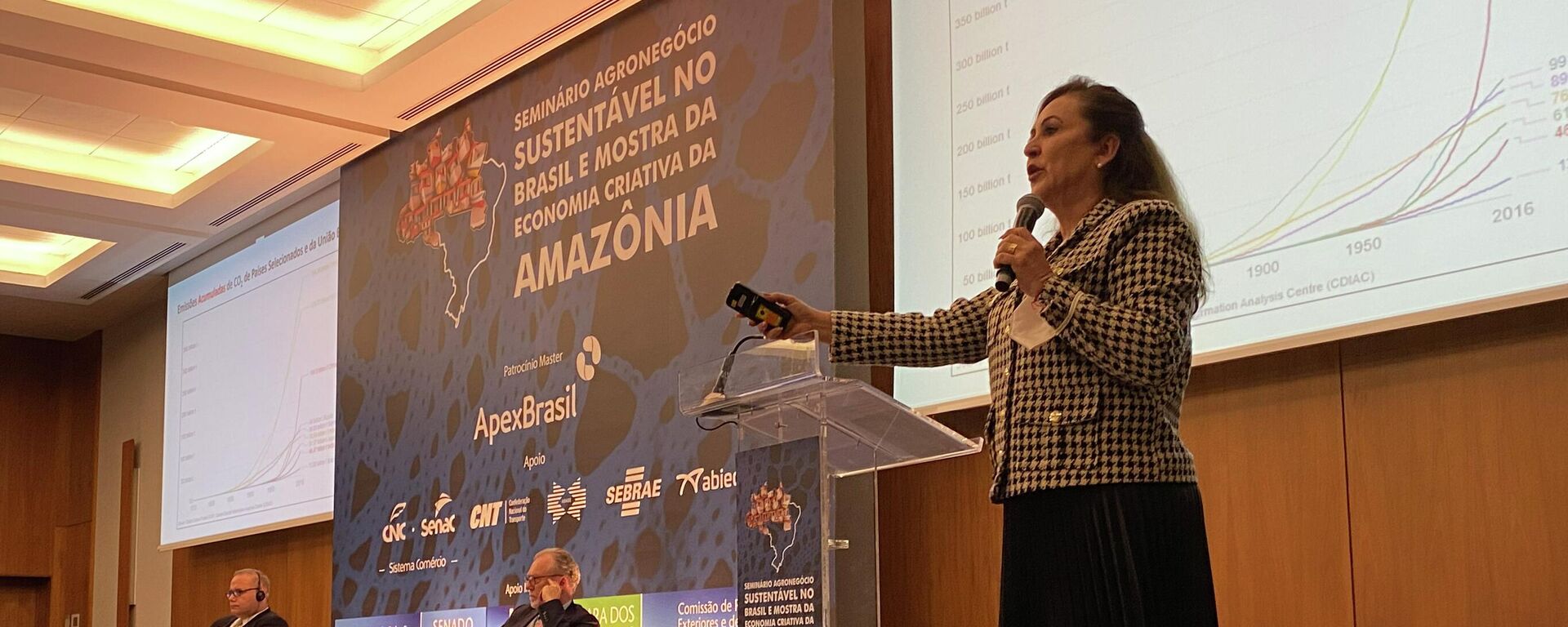 A senadora Kátia Abreu apresenta painel durante evento sobre agronegócio, realizado em Lisboa - Sputnik Brasil, 1920, 26.11.2021