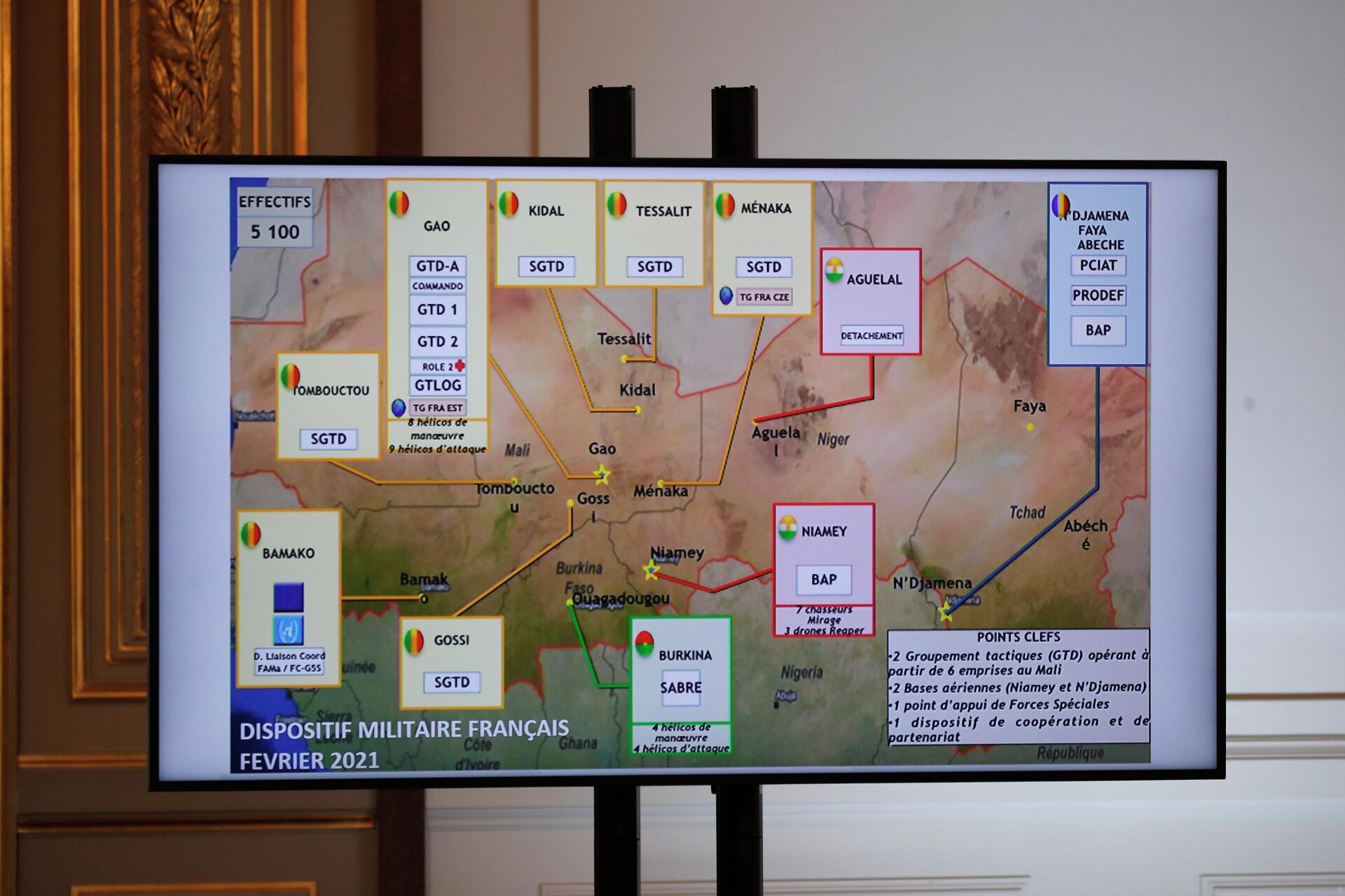 Um mapa das localizações do Exército francês em Sahel é retratado enquanto o presidente francês Emmanuel Macron faz seu discurso após uma reunião por vídeoconferência com líderes do G5 Sahel, 16 de fevereiro de 2021 em Paris - Sputnik Brasil, 1920, 02.12.2021