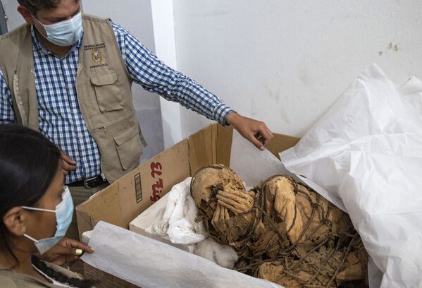 Arqueólogo (no canto superior esquerdo), diretor do projeto arqueológico Cajamarquilla, mostra múmia estimada entre 800 e 1.200 anos, encontrada a 25 quilômetros de Lima, Peru, 30 de novembro de 2021 - Sputnik Brasil