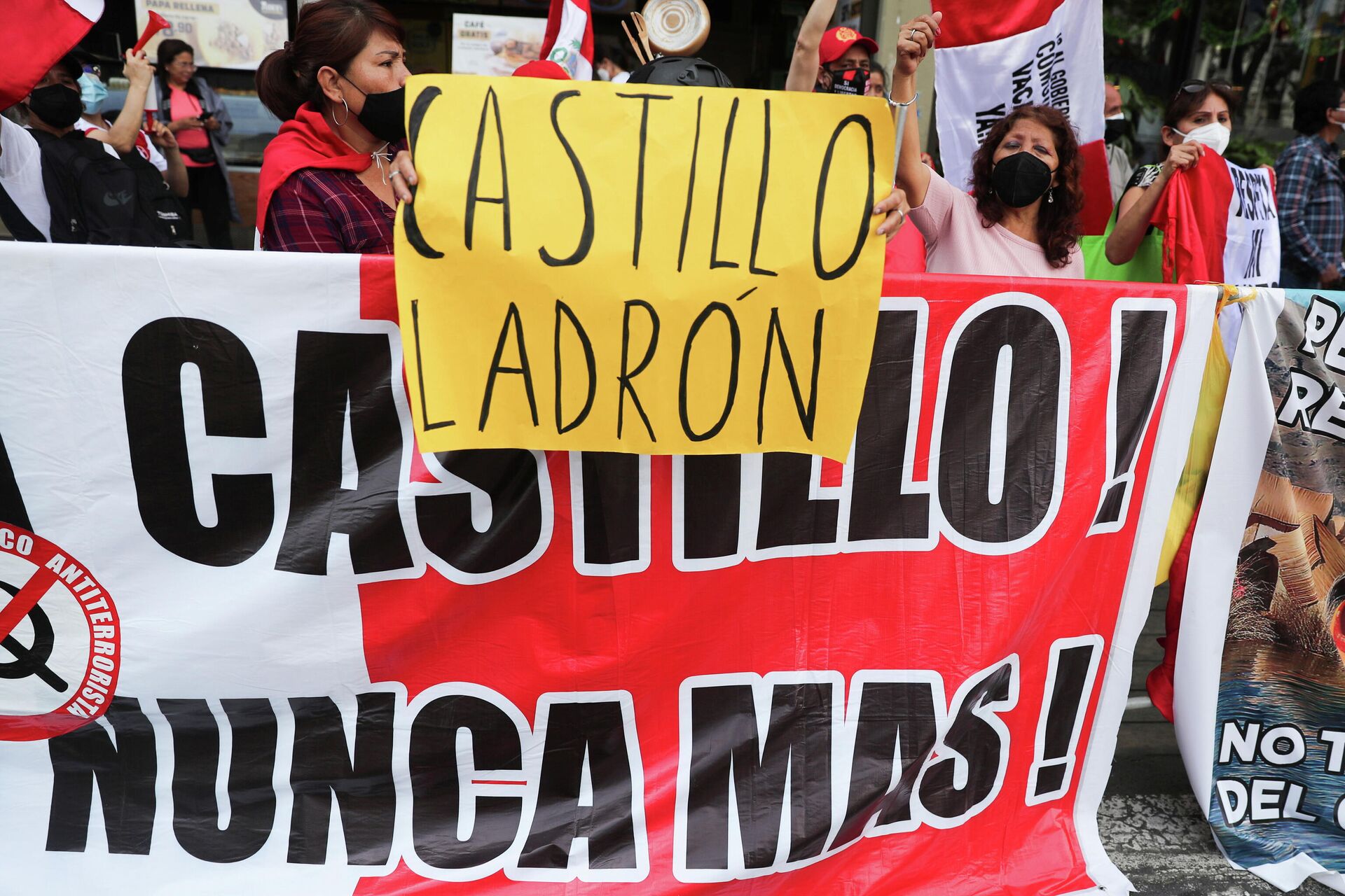 Um manifestante segura uma placa com os dizeres: Castillo ladrão durante protesto contra o presidente Pedro Castillo próximo ao prédio do Congresso, em Lima, Peru, 7 de dezembro de 2021 - Sputnik Brasil, 1920, 08.12.2021