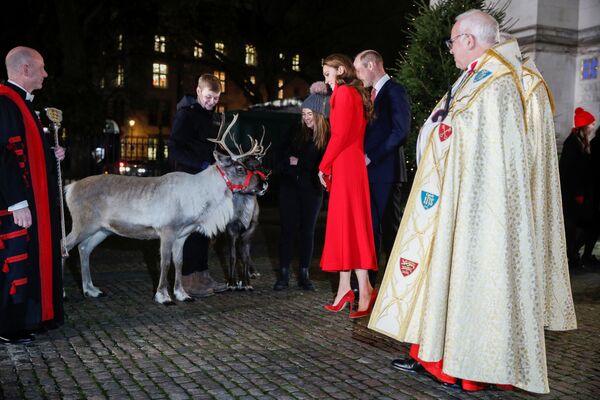 Príncipe britânico William e Catherine, duquesa de Cambridge, olham para rena. - Sputnik Brasil