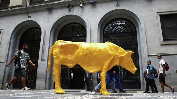 Monumento Vaca Magra instalado em frente à Bolsa de SP simbolizando “momento de crise e pobreza” no Brasil, segundo a autora, Márcia Pinheiro - Sputnik Brasil