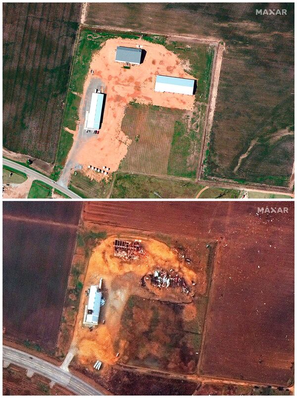 Uma combinação de imagens de satélite mostra propriedades agrícolas em Monette, Arkansas, EUA, antes e depois de um surto devastador de tornados atingir vários estados dos EUA em 22 de fevereiro de 2021 (topo) e 11 de dezembro de 2021. - Sputnik Brasil