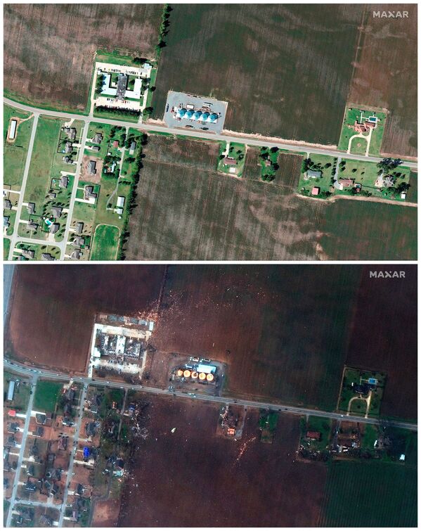 Uma combinação de imagens de satélite mostra a casa de repouso Monette Manor e as casas vizinhas em Monette, Arkansas, EUA, antes e depois de um surto devastador de tornados atingir vários estados dos EUA, em 22 de fevereiro de 2021 (topo) e 11 de dezembro de 2021. - Sputnik Brasil
