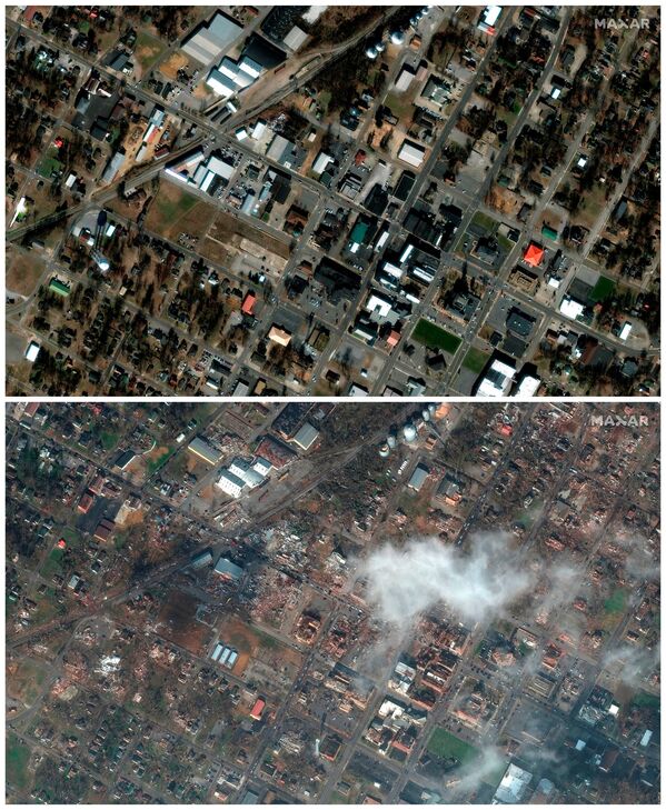 Uma combinação de imagens de satélite mostra o centro de Mayfield, Kentucky, EUA, antes e depois de um surto devastador de tornados atingir vários estados dos EUA, 28 de janeiro de 2017 (topo) e 11 de dezembro de 2021. - Sputnik Brasil