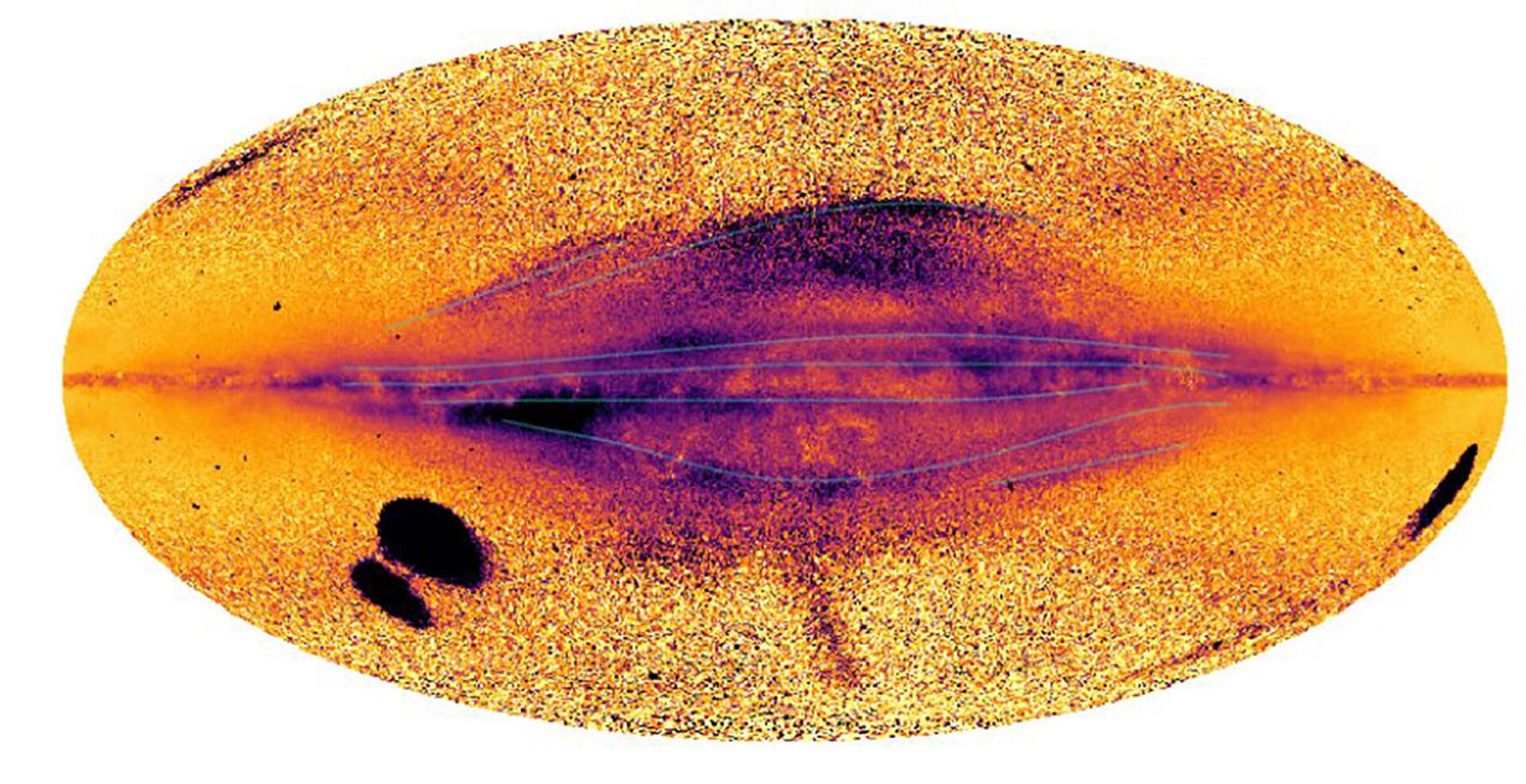 Mapa do céu da Via Láctea em movimento elaborado usando dados do telescópio Gaia. Áreas com movimento significativo são mostradas em preto/roxo e as com movimento relativamente baixo em amarelo. Uma série de estruturas de disco filamentares de grande escala se manifestam em torno do plano médio. O mapa também mostra as Nuvens de Magalhães e sua ponte de ligação estelar na parte esquerda, enquanto a galáxia Sagitário, que atualmente está sendo despedaçada, pode ser vista à direita - Sputnik Brasil, 1920, 16.12.2021