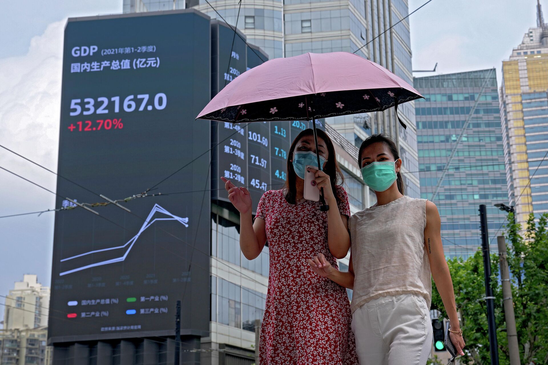 Mulheres caminham por um outdoor eletrônico que mostra o índice do Produto Interno Bruto (PIB) da China em um prédio comercial em Xangai, China, 24 de agosto de 2021 - Sputnik Brasil, 1920, 04.01.2022