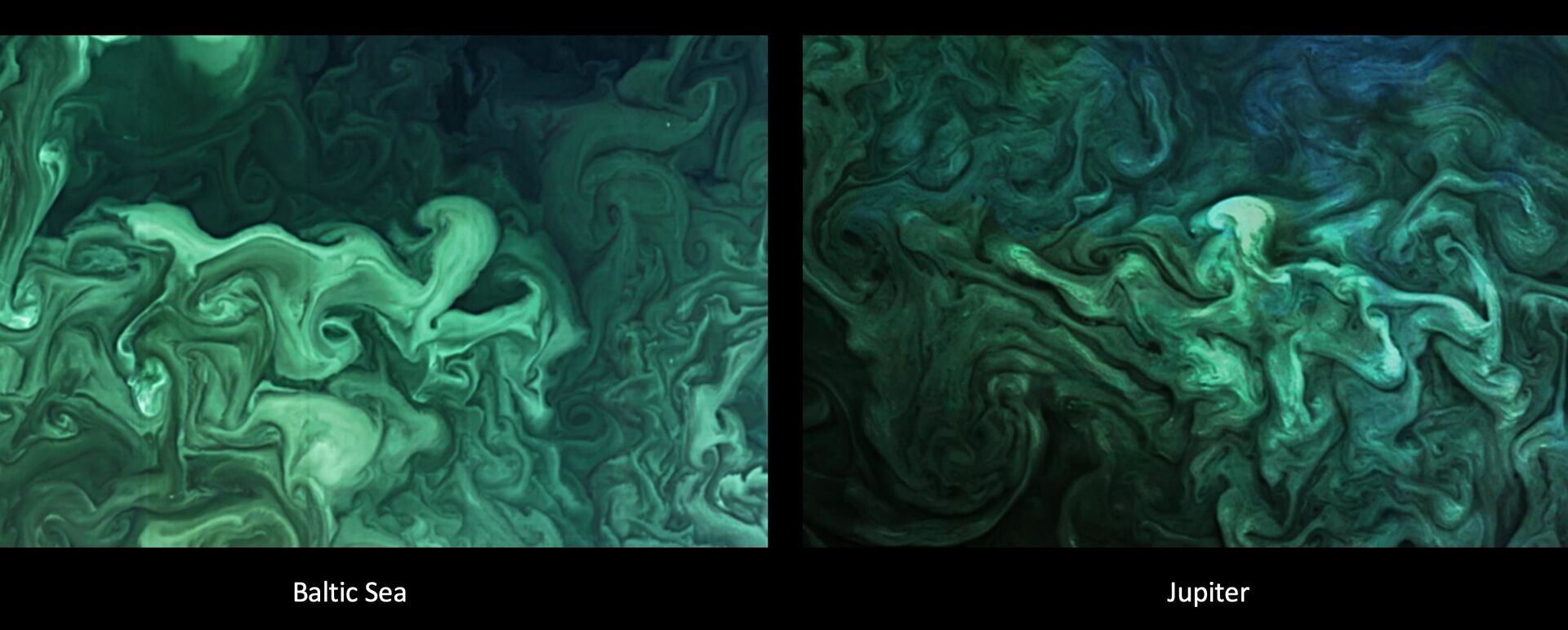 Da esquerda para a direita: uma floração de fitoplâncton no mar Báltico e nuvens turbulentas na atmosfera de Júpiter - Sputnik Brasil, 1920, 11.01.2022