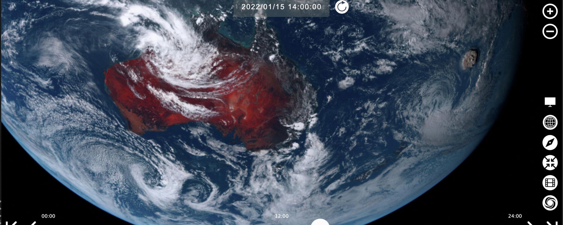 Vulcão submarino Hunga Tonga-Hunga Ha'apai entrou em erupção nesta imagem de satélite tirada pelo Himawari-8, um satélite meteorológico japonês operado pela Agência Meteorológica do Japão, em 15 de janeiro de 2022 - Sputnik Brasil, 1920, 17.01.2022