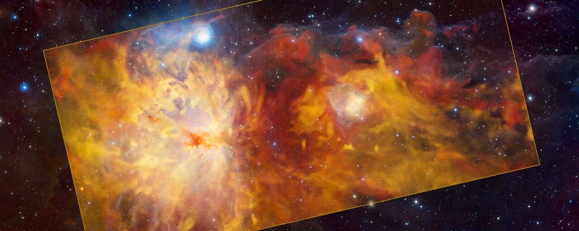 Na imagem, a Nebulosa da Chama e seus arredores capturados em ondas de rádio. O detalhe no retângulo é baseada em observações realizadas com o instrumento SuperCam no Experimento de Desbravadores do Atacama (APEX, na sigla em inglês) operado pelo Observatório Europeu do Sul (ESO, na sigla em inglês) no Planalto Chajnantor do Chile. A imagem de fundo foi obtida em luz infravermelha com o Telescópio de Pesquisa Visível e Infravermelho para Astronomia (VISTA, na sigla em inglês) do ESO no Observatório do Paranal, no Chile - Sputnik Brasil, 1920, 18.01.2022