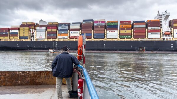 Em Santos, no estado brasileiro de São Paulo, homem observa cargueiro proveniente de Hong Kong sendo rebocado pelo canal do Porto de Santos, em 17 de setembro de 2021 - Sputnik Brasil