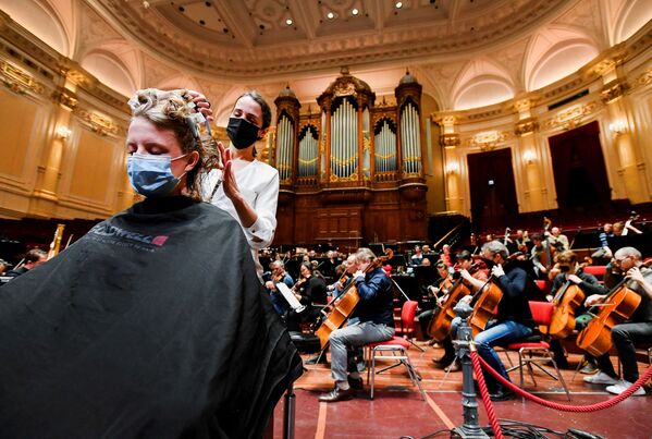 Uma cabeleireira corta o cabelo de uma cliente na sala de concertos de Amsterdã, Países Baixos. - Sputnik Brasil