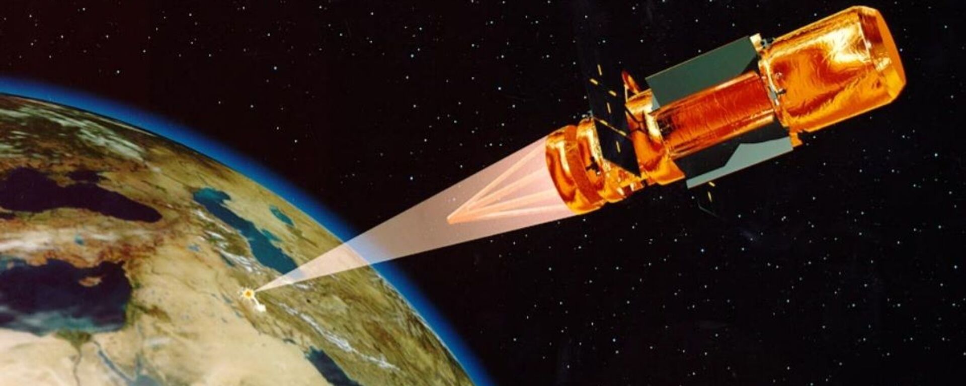 Satélite disparando um feixe de partículas na Terra em algum lugar perto do Irã em apresentação dos EUA sobre domínio espacial em fevereiro de 1997 - Sputnik Brasil, 1920, 22.01.2022