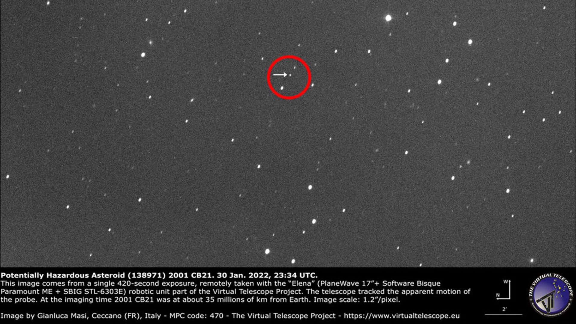 O Virtual Telescope Project fotografou no domingo (30) o asteroide (138971) 2001 CB21, um corpo celeste catalogado como potencialmente perigoso que passará próximo da Terra no dia 4 de março, informou o Virtual Telescope - Sputnik Brasil, 1920, 03.02.2022
