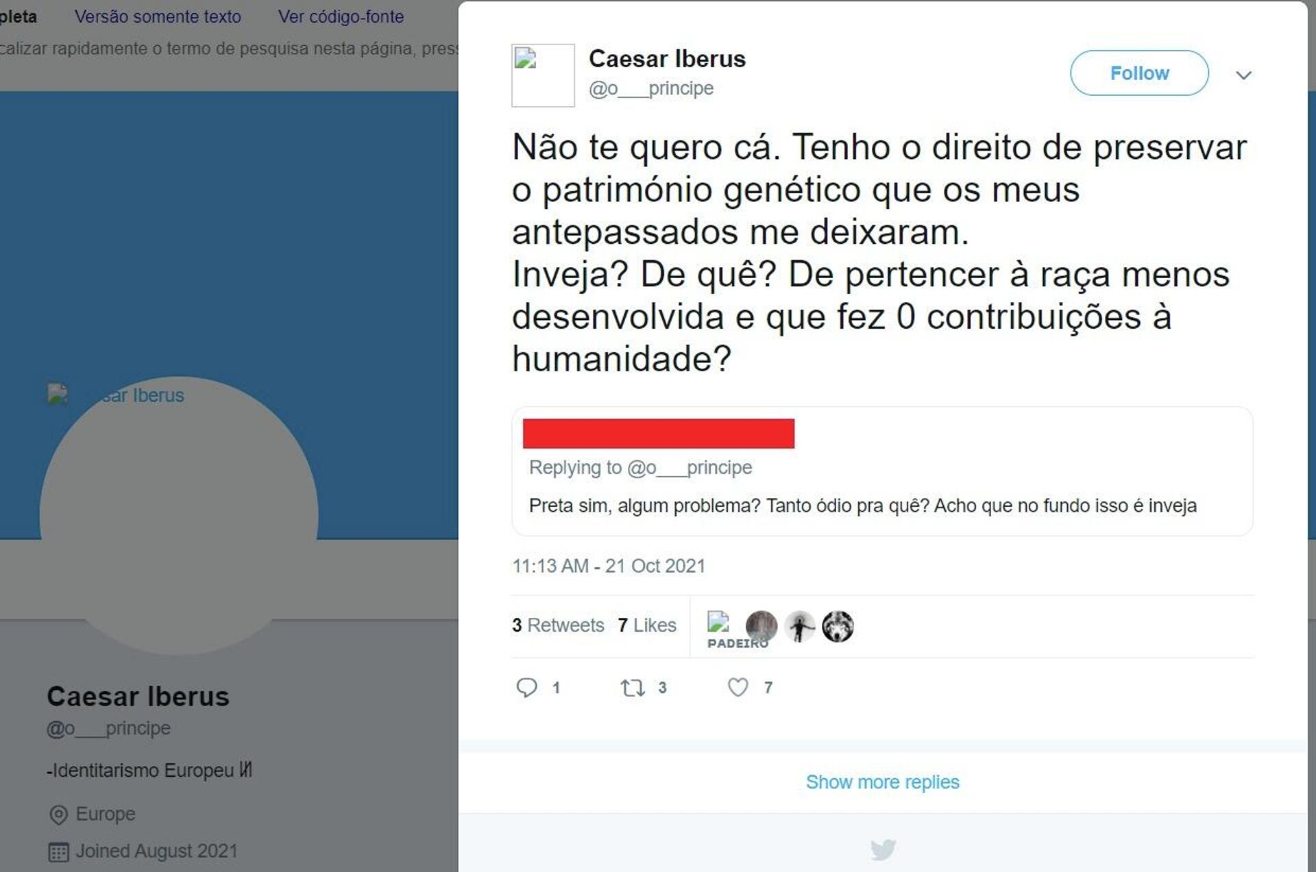 Discurso de ódio contra brasileira em mensagem xenófoba e racista de perfil suspenso no Twitter - Sputnik Brasil, 1920, 08.02.2022